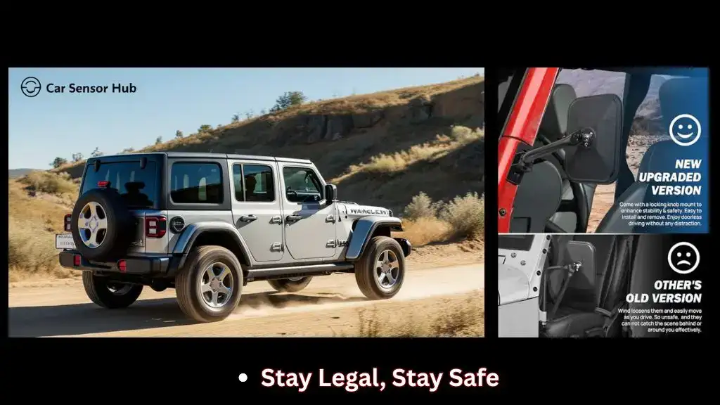 Jeep Wrangler with upgraded side mirrors on an off-road trail