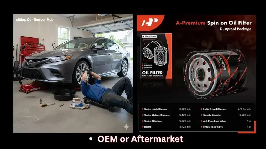 Mechanic replacing oil filter on Toyota Camry during oil change in garage