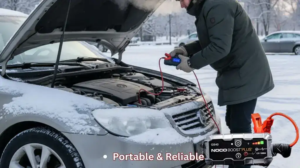 Driver using a portable jump starter on a snowy roadside in winter