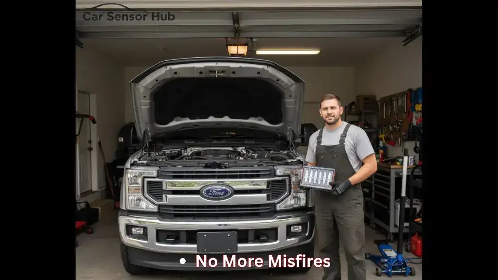 Mechanic holding spark plug set next to Ford F‑250 engine during replacement