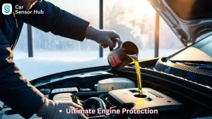 Person pouring synthetic oil into a car engine during cold winter morning