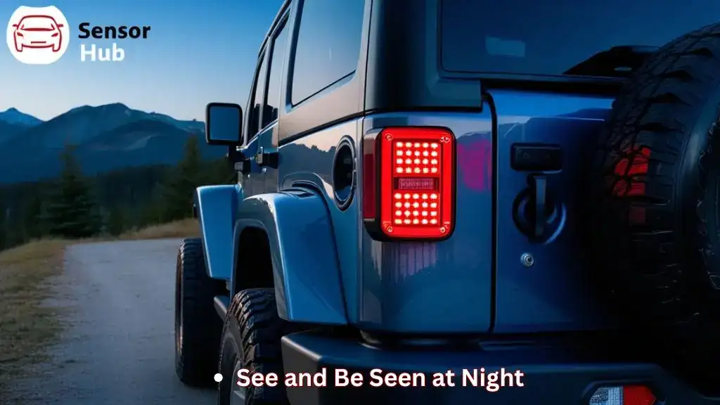 Jeep Wrangler with bright LED tail lights illuminated at dusk for better rear visibility