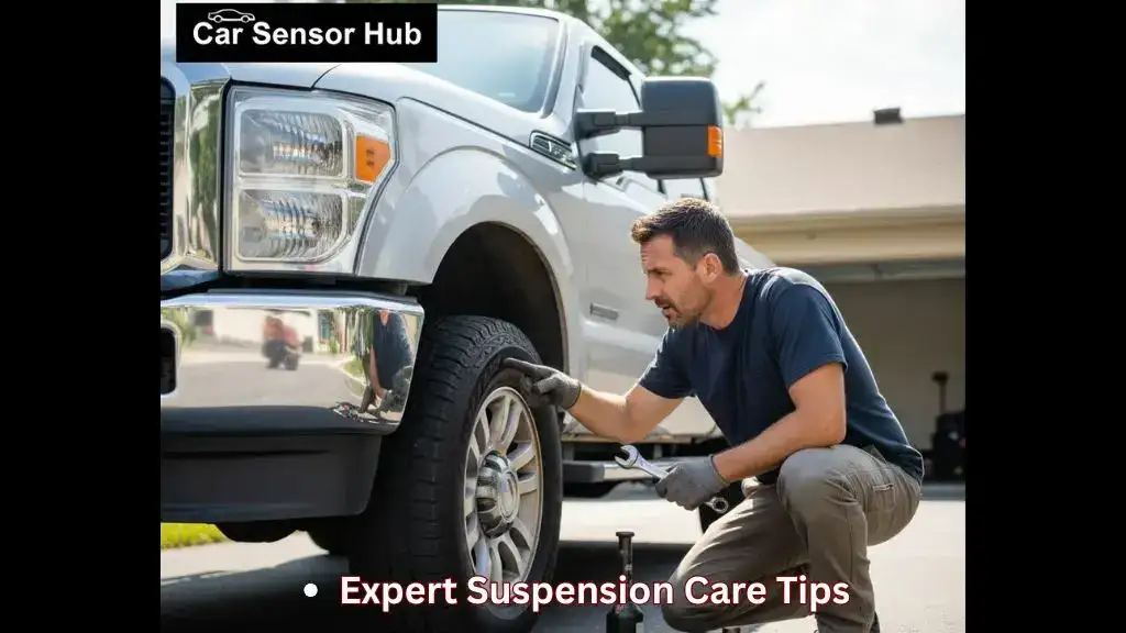 Person inspecting Ford F-250 suspension components in driveway
