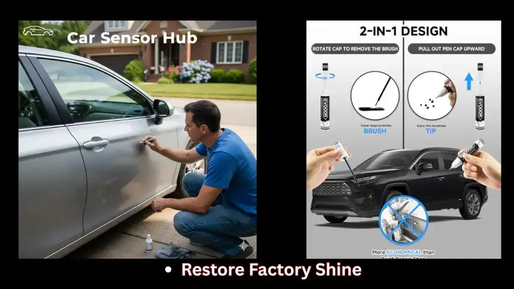 Toyota Camry owner applying OEM touch up paint pen to door scratch
