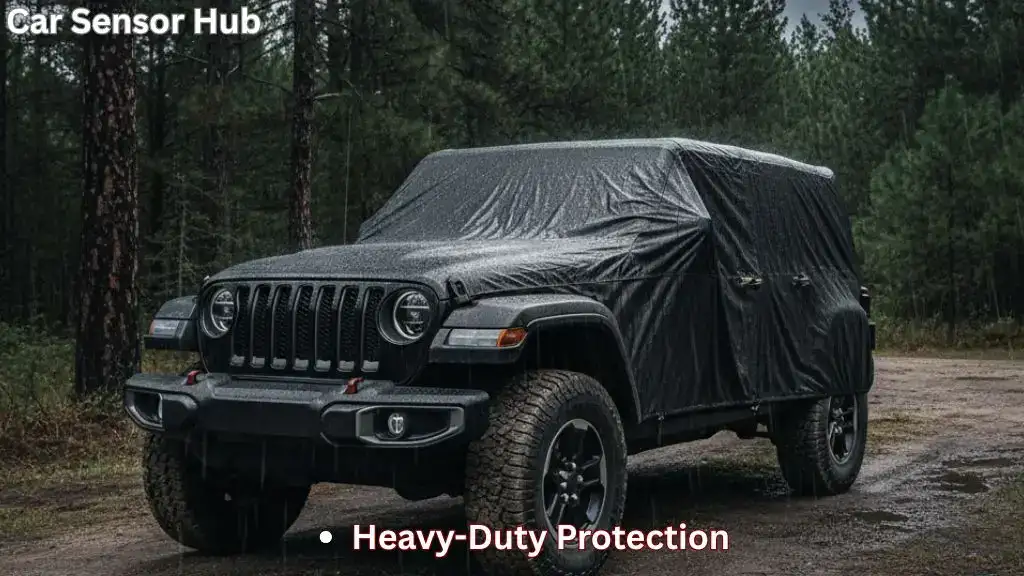 Heavy-duty black waterproof cover protecting a 4-door Jeep Wrangler Unlimited from a heavy rainstorm.