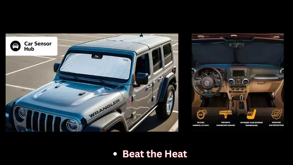 Reflective windshield sun shade installed on a Jeep Wrangler under bright sunlight