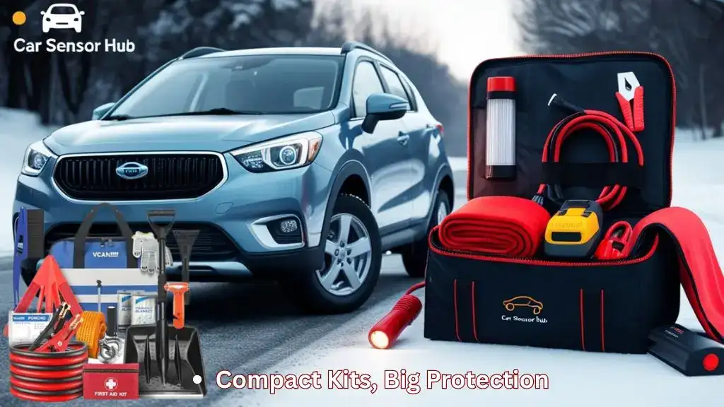 Winter emergency car kit laid out next to a small SUV on a snowy roadside
