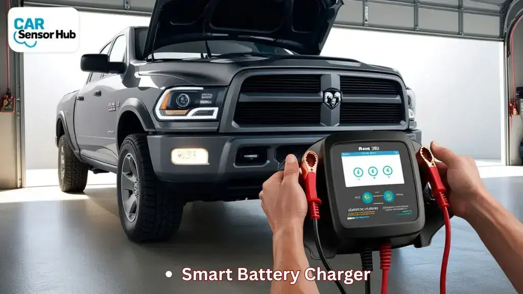 Smart battery charger connected to a Ram 2500 truck battery under the hood