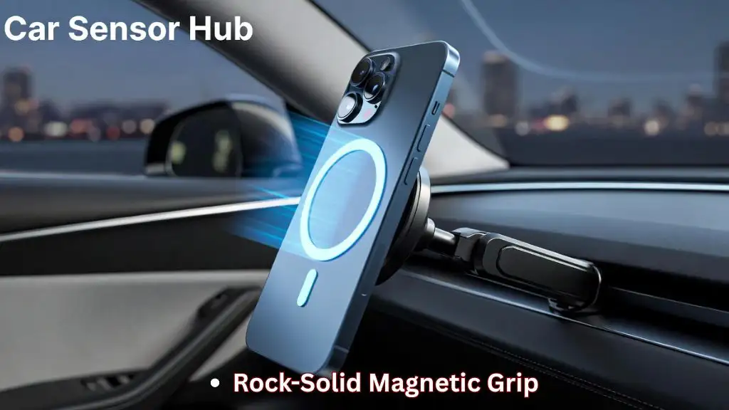 An iPhone charging wirelessly on a MagSafe car mount with 15W fast charging capabilities.