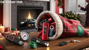 Overflowing holiday stocking with practical car gifts like tire gauges and keychain tools, ideal for men who love their rides, set against a cozy Christmas morning backdrop.