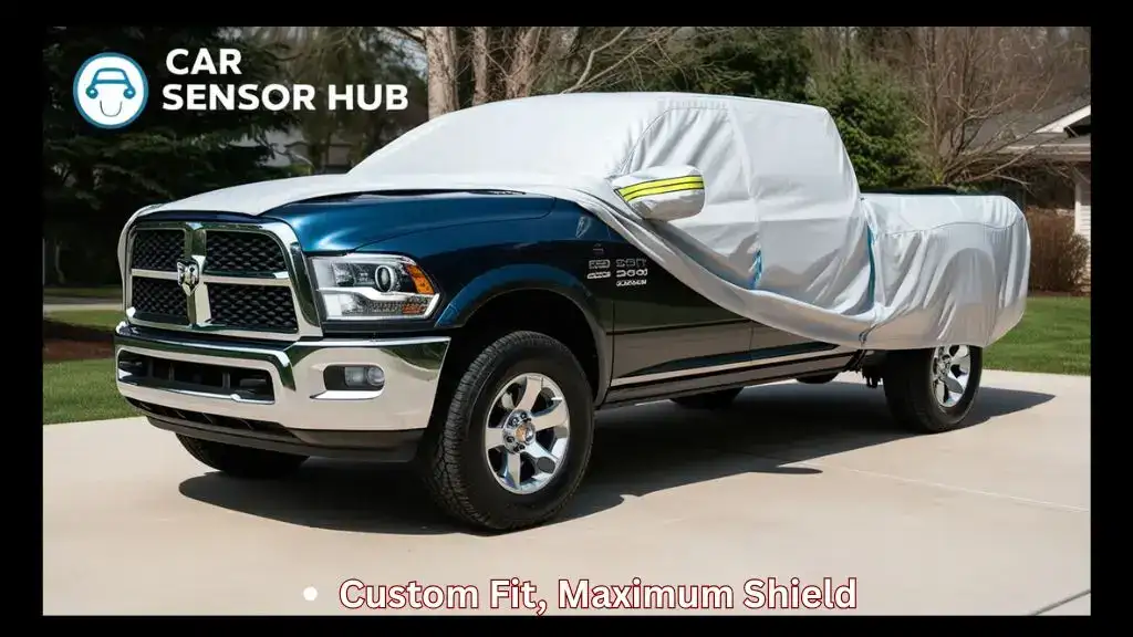 Ram 2500 truck covered with outdoor waterproof car cover in driveway