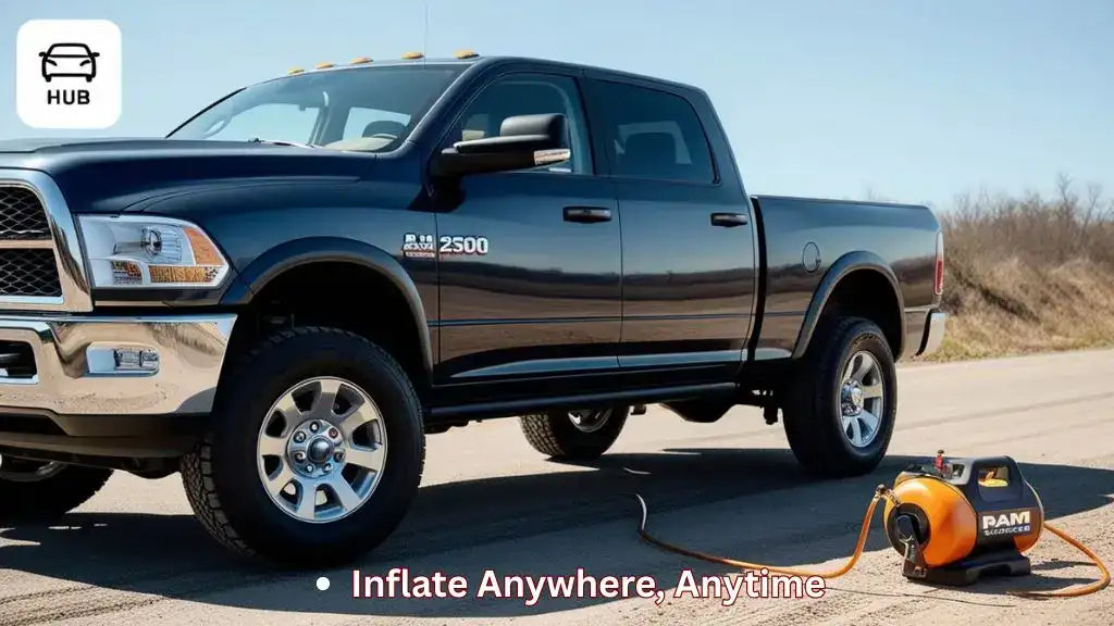 Ram 2500 truck with portable tire inflator connected to front tire roadside