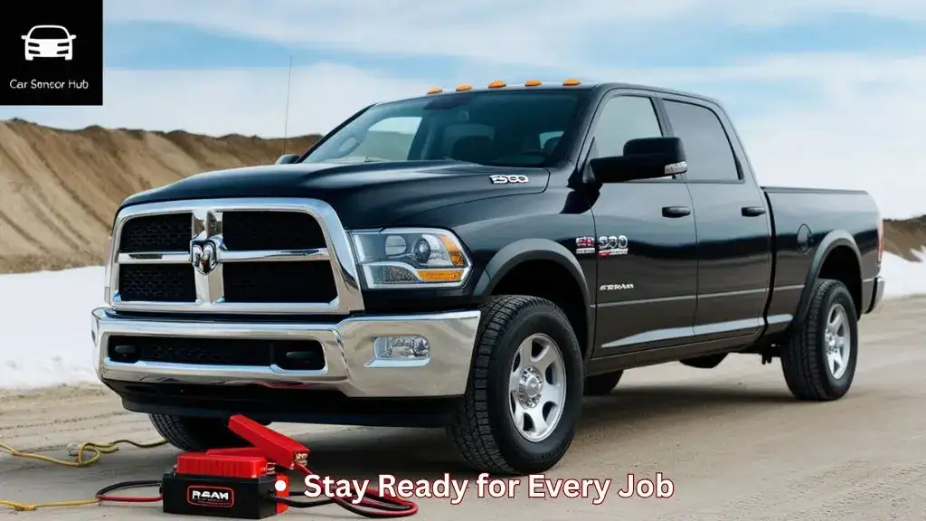 Ram 2500 truck with jump starter kit connected to battery roadside