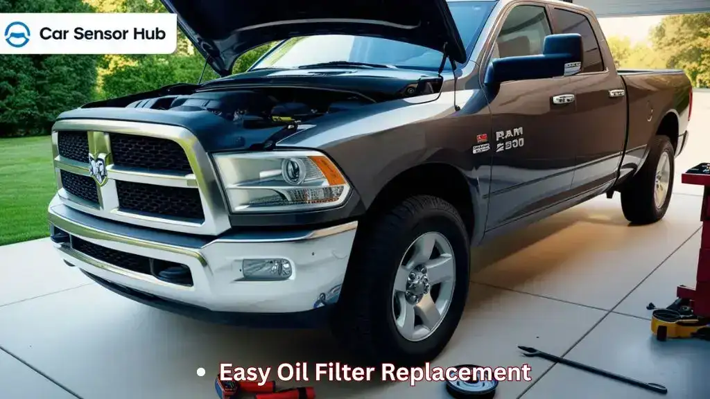 Ram 2500 truck with oil filter being replaced in garage
