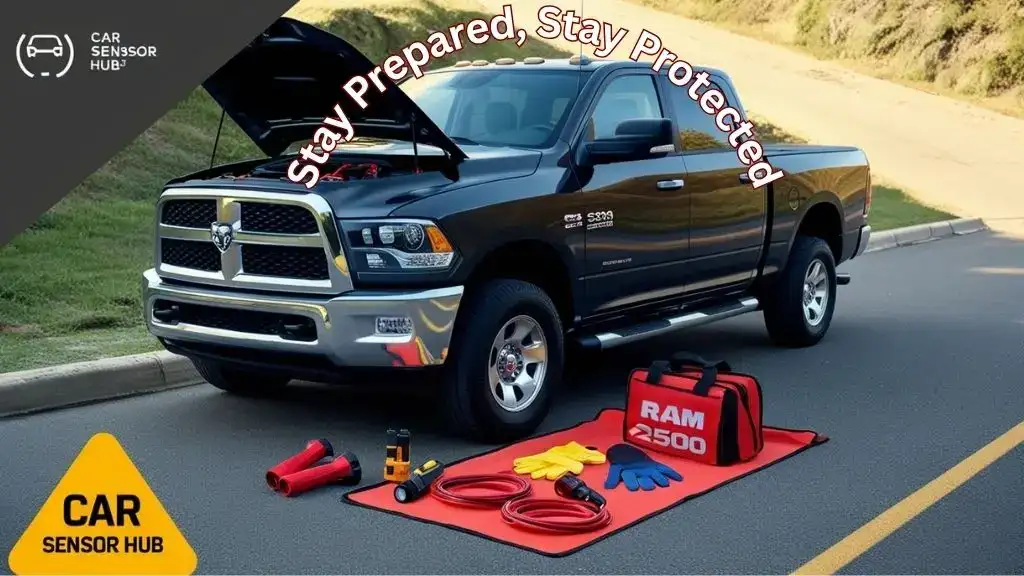 Ram 2500 truck roadside with emergency kit including jumper cables, flashlight, and safety triangle