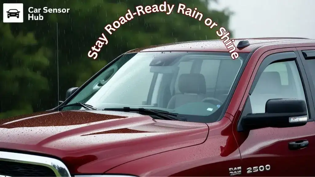 Ram 2500 truck with new windshield wiper blades clearing rain