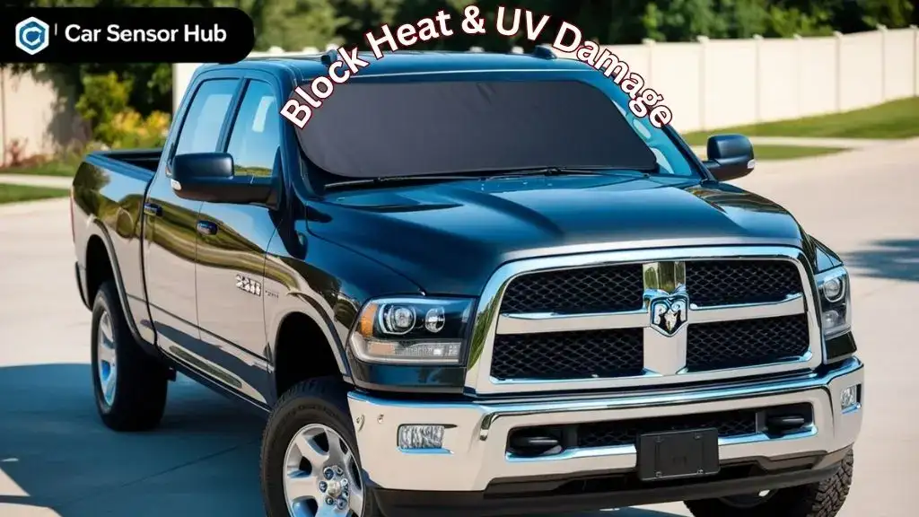Ram 2500 truck with windshield sun shade installed to block heat and UV rays