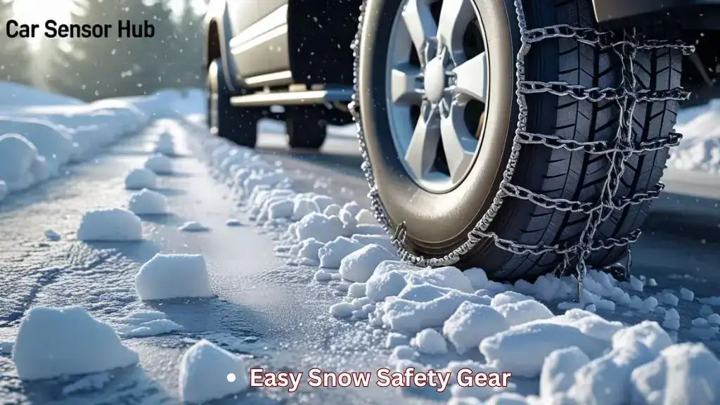 Best snow chains and snow-chain alternatives showing a tire with chains and textile socks in snowy winter traction setup