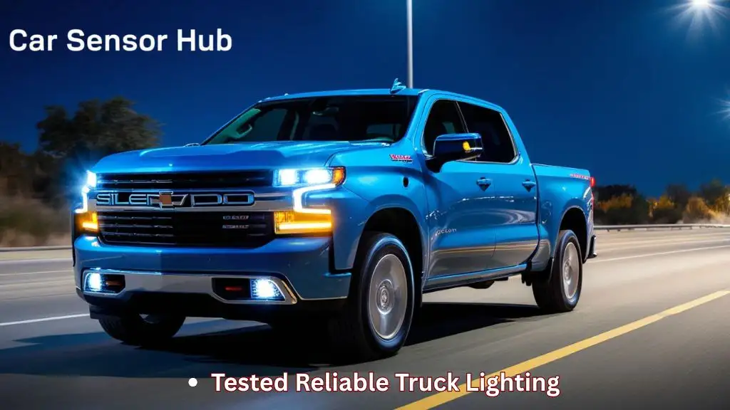 Chevy Silverado 1500 with bright LED headlights shining on a dark road, showing clear visibility.