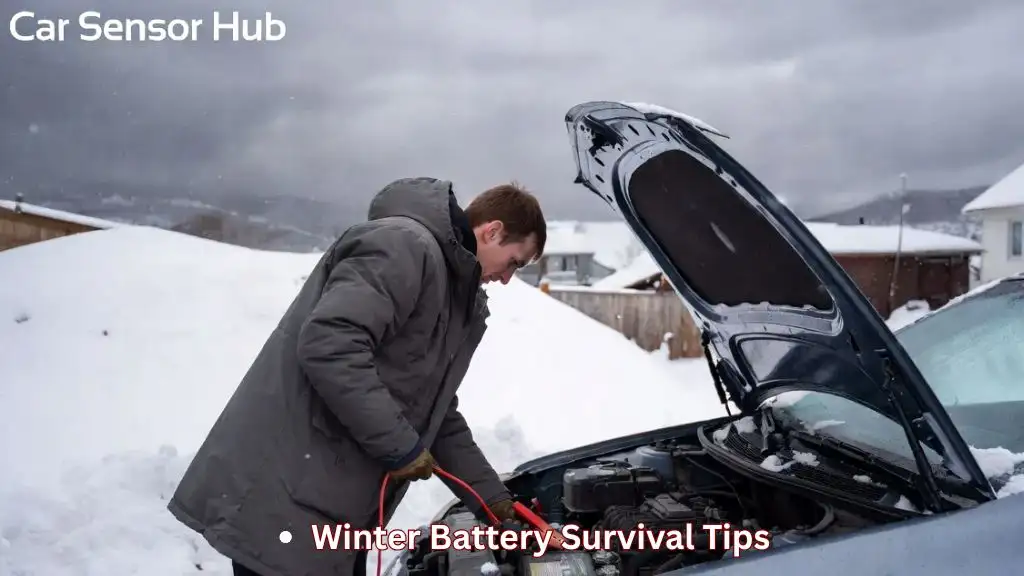 Driver jump‑starting car battery in snowy driveway during winter