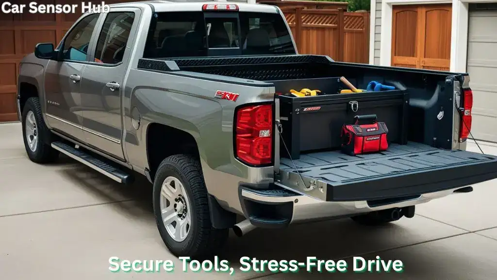 Chevy Silverado 1500 with heavy-duty toolbox installed, showing secure tool storage in truck bed.