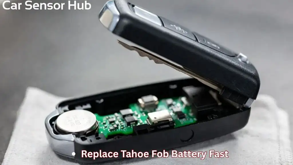 A close-up showing how to use the mechanical emergency key to open a Chevrolet Tahoe key fob and replace the internal battery.