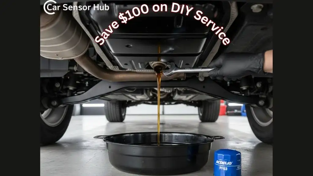 A DIY mechanic draining old engine oil from a Chevrolet Tahoe into a drain pan during a routine maintenance service.