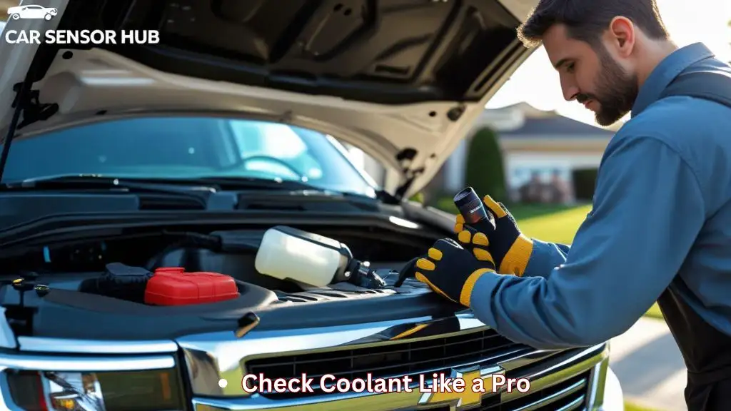 Driver checking Chevrolet Tahoe coolant levels under hood with reservoir clearly visible