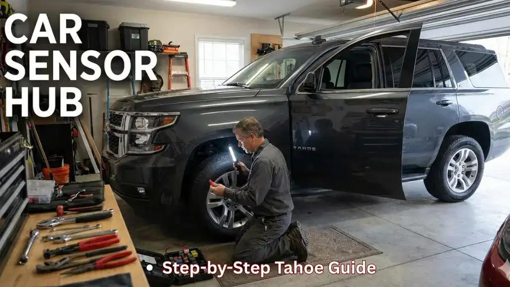 Driver inspecting Chevrolet Tahoe fuse box with flashlight and fuse puller tool