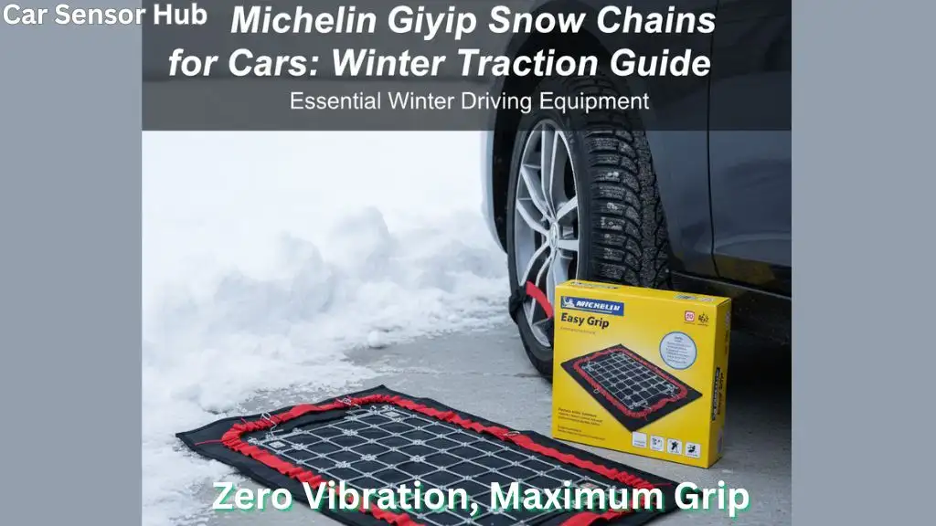 Close-up of Michelin Easy Grip Evolution snow chains installed on a passenger car tire for winter traction.