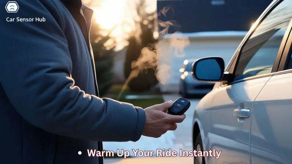 Driver using a remote starter to turn on their car from a distance