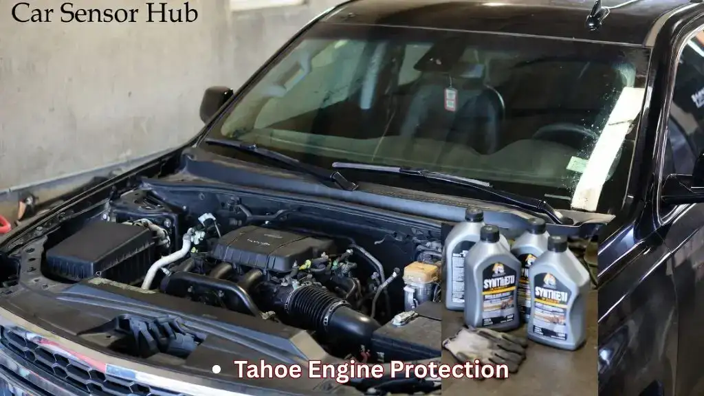 Best synthetic oil options for Chevrolet Tahoe shown next to the engine bay in a realistic garage
