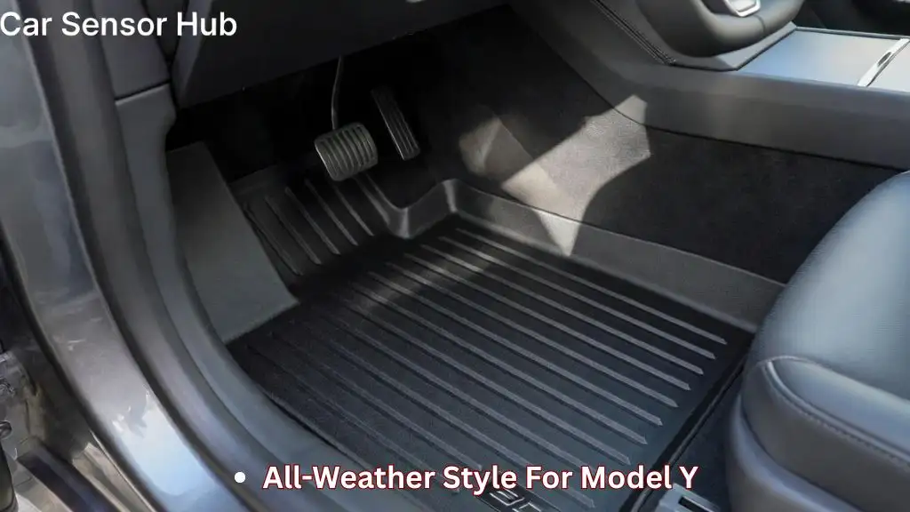 A close-up view of the 3D MAXpider Kagu floor mat for Tesla Model Y showing its unique texture and precision edge-to-edge fitment.