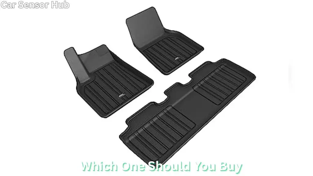 A side-by-side comparison of 3D MAXpider Kagu and Tesmanian all-weather floor mats in a Tesla Model Y.