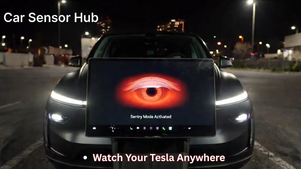 The interior of a Tesla showing the touchscreen interface used to activate Tesla Model Y Sentry Mode for 24-hour vehicle surveillance.