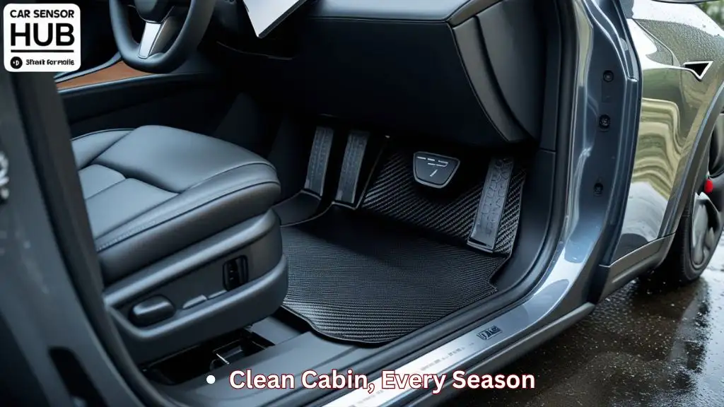 All-Weather Floor Mats for Tesla Model Y installed on front and rear floors showing raised edges trapping mud and spills