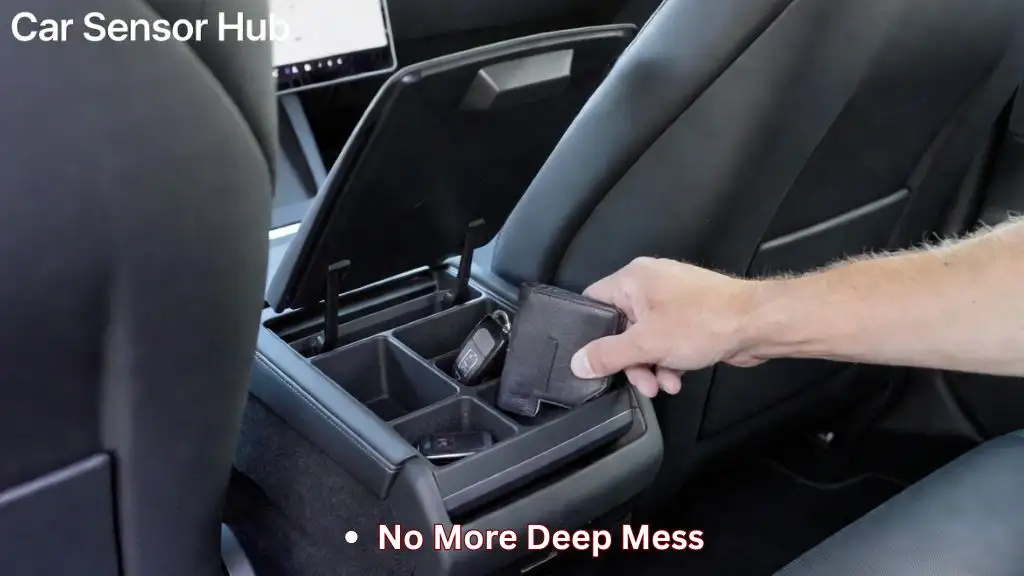 Armrest Organizer for Tesla Model Y installed under armrest holding keys wallet and small items