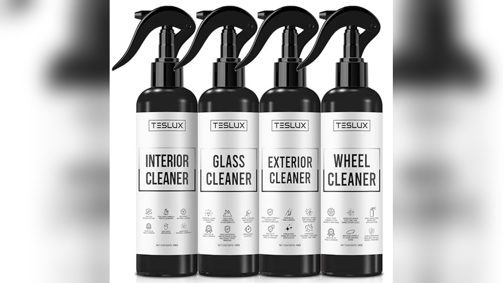 Best Wash Kits for Tesla Model Y laid out with buckets, mitts, brushes and a clean Model Y