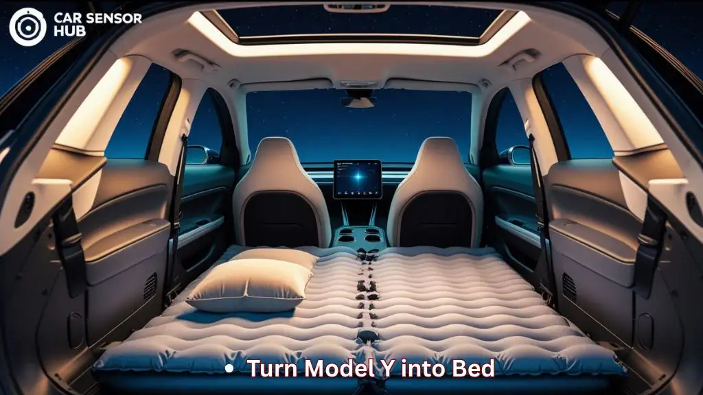 Camping Mattresses for Tesla Model Y shown inside a Model Y with rear seats down and a plush mattress ready for sleep at a campsite