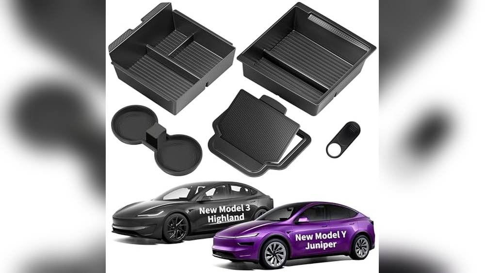 A set of tiered center console organizer trays for Tesla Model Y installed to provide dedicated space for small personal items.
