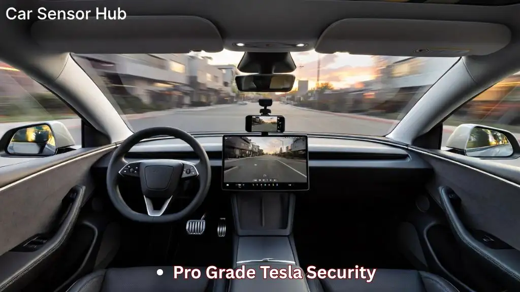An integrated FitcamX unit installed behind a rearview mirror, showcasing a hidden dash cam camera for Tesla Model Y.