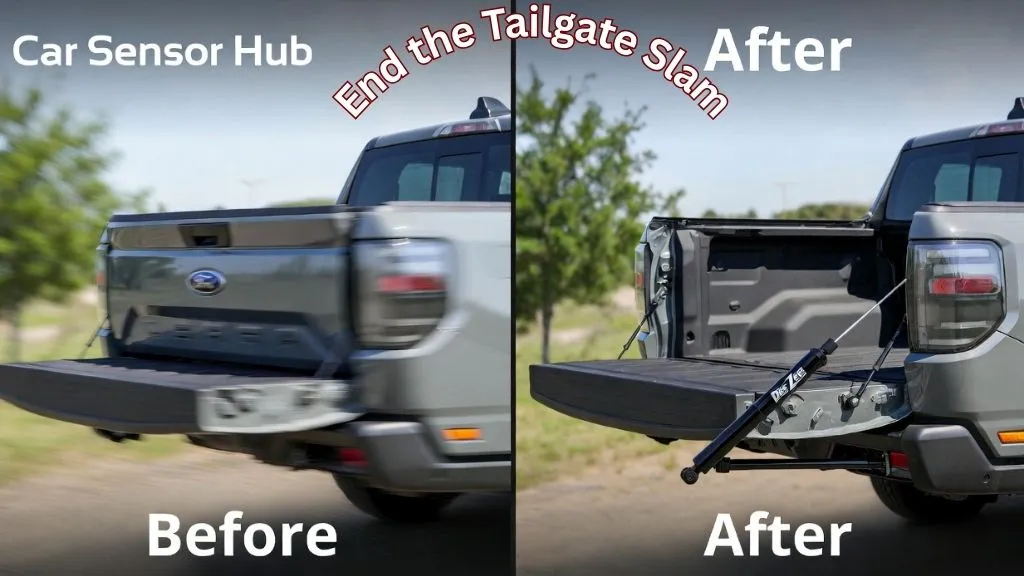 A hydraulic tailgate assist shock installed on the driver side of a Ford Maverick.