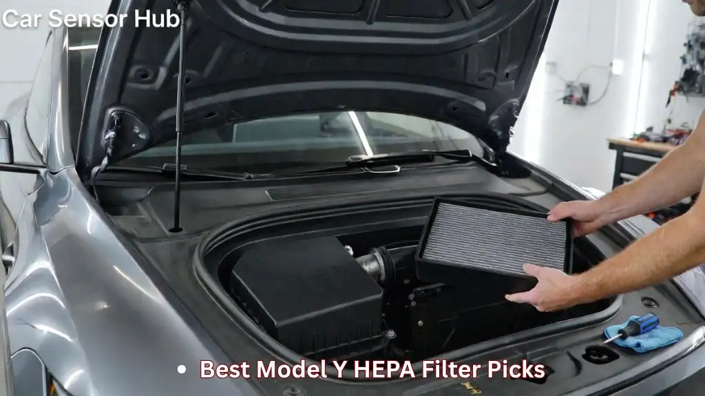 A DIY installation of premium HEPA cabin air filters for Tesla Model Y showing the filter being placed in the frunk intake area.