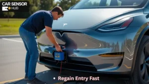 How to Open Tesla Model Y Door With a Dead Battery showing emergency power access used to open the door