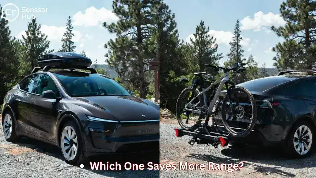 A Tesla Model Y equipped with both a roof rack and a hitch carrier, illustrating the difference between the two cargo solutions.