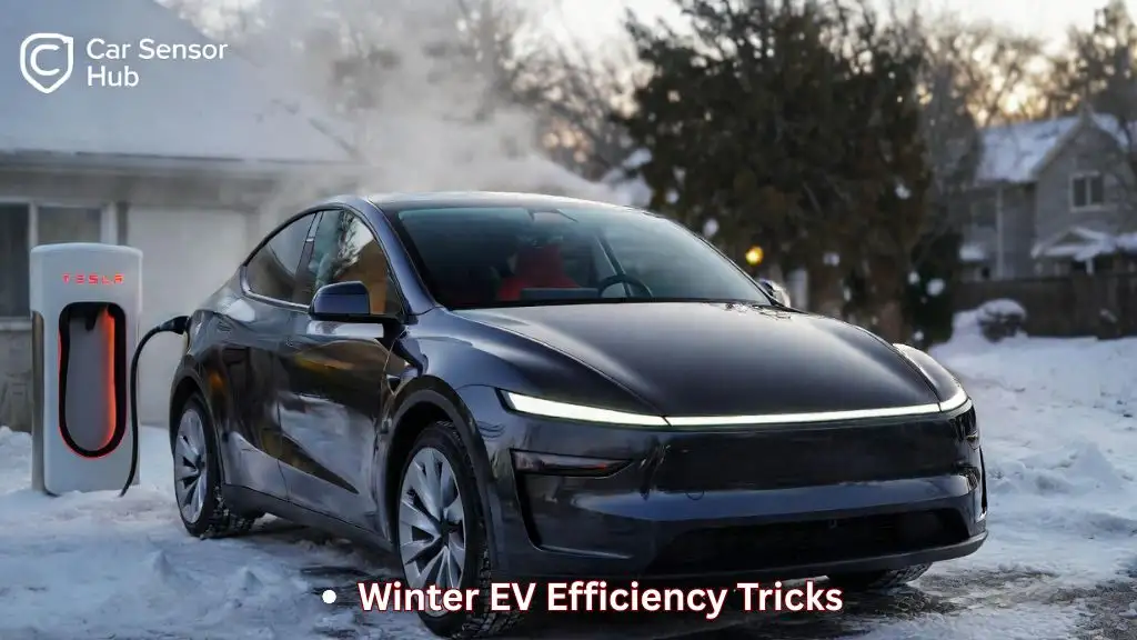 Optimize Tesla Model Y Winter Range showing a Tesla Model Y driving through snowy terrain with focus on cold weather efficiency