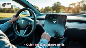 How to Reset Tesla Model Y Screen showing hands pressing steering wheel buttons to reboot the touchscreen