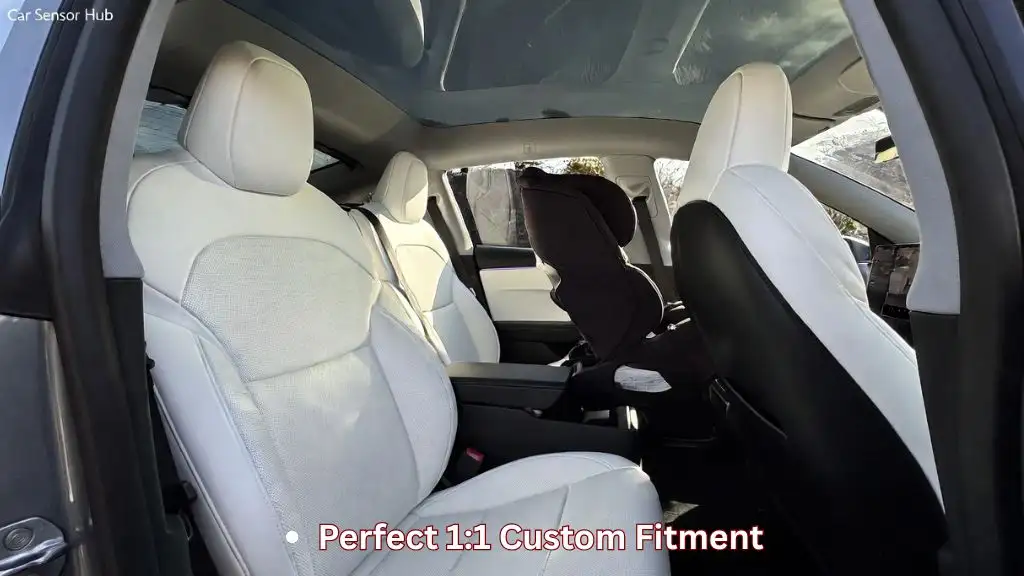 A set of custom-fit, white vegan leather seat covers for Tesla Model Y installed to protect the original upholstery from spills and wear.