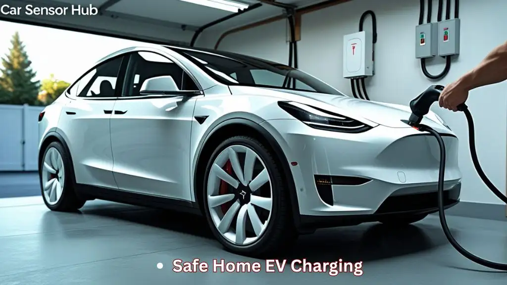 How to Set Up Tesla Model Y Home Charging Station showing a Tesla Model Y plugged into a wall-mounted home charger in a garage