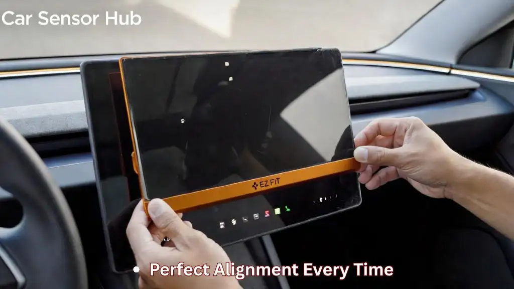 An installation process showing the Spigen tempered glass protector Tesla Model Y being aligned using the auto-alignment tray to ensure no bubbles.